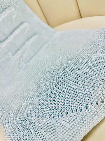 Personalized Organic Cotton Knit Blanket - Blue with "Martin"