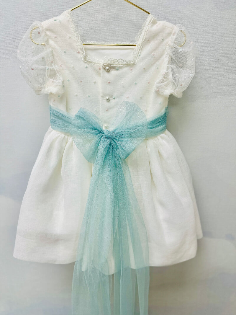 Cortejo Girls' Dress - Plumeti Blanco-Verde Menta