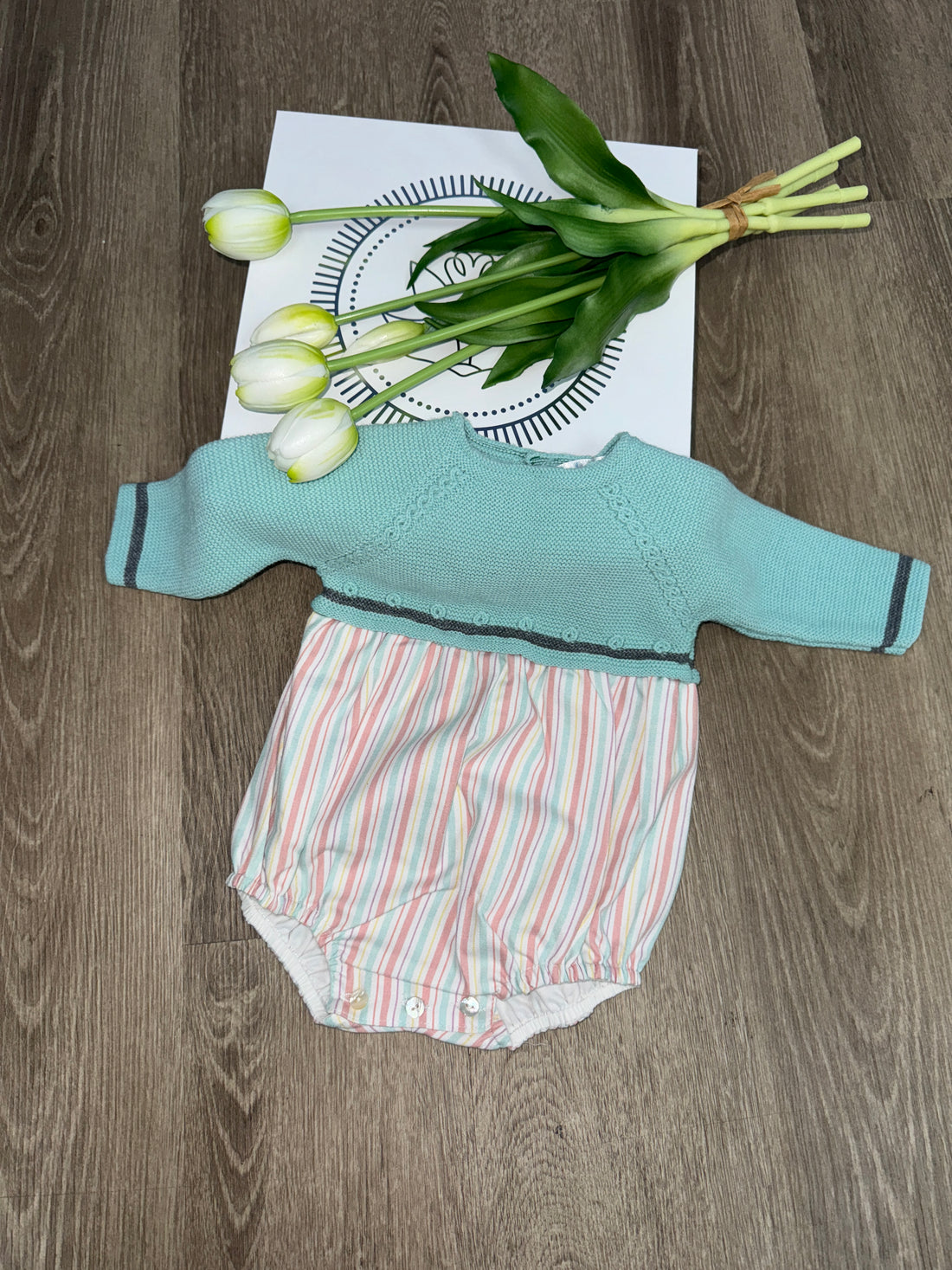 Pastel Striped Knit Baby Romper – Aqua Blue & Multicolor