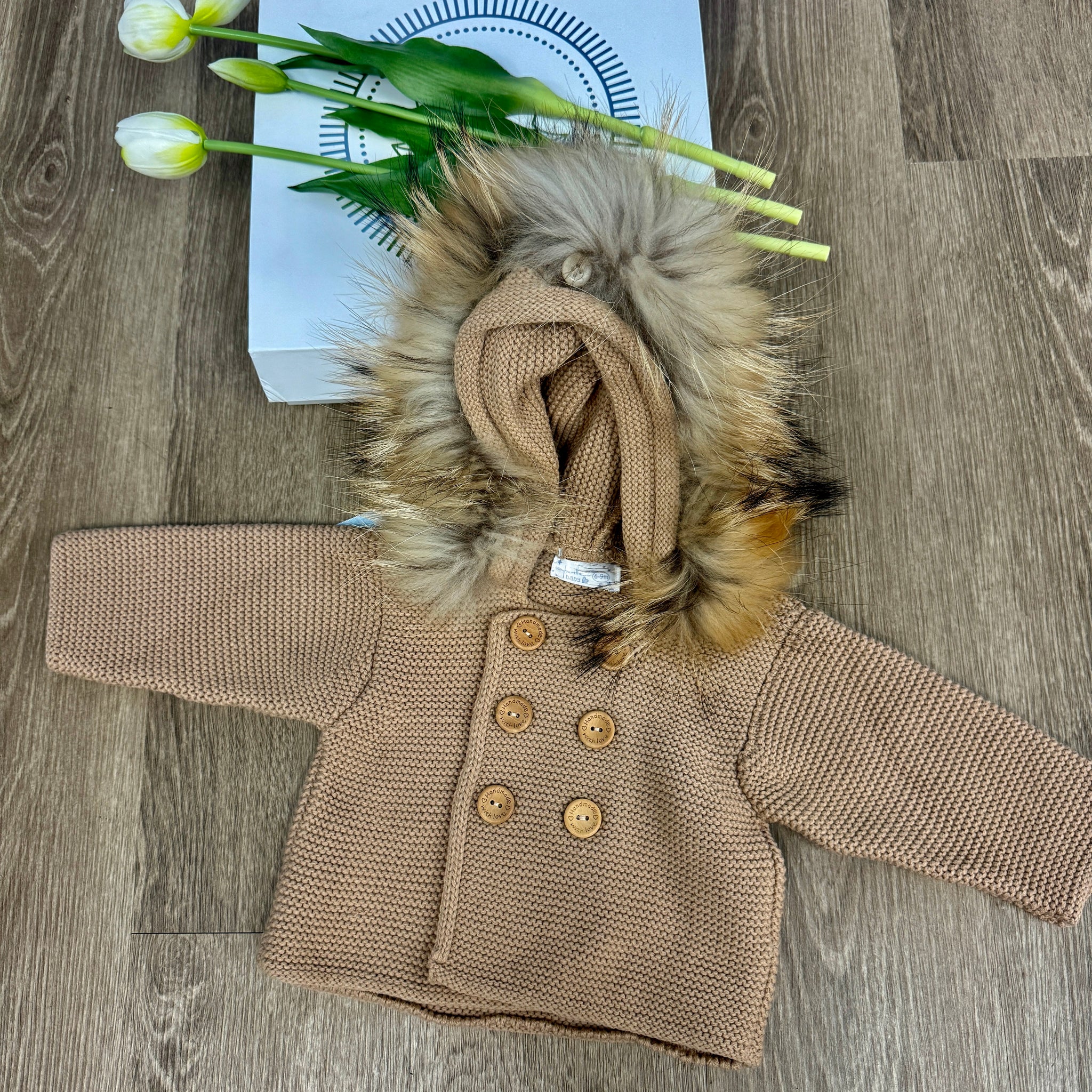 Camel Knit Baby Jacket with Faux Fur Trim Hood and Wooden Buttons