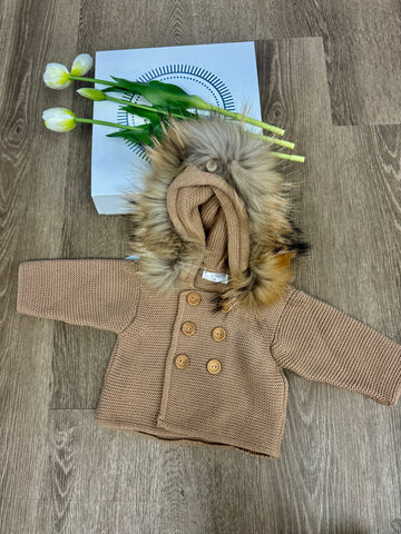 Camel Knit Baby Jacket with Faux Fur Trim Hood and Wooden Buttons