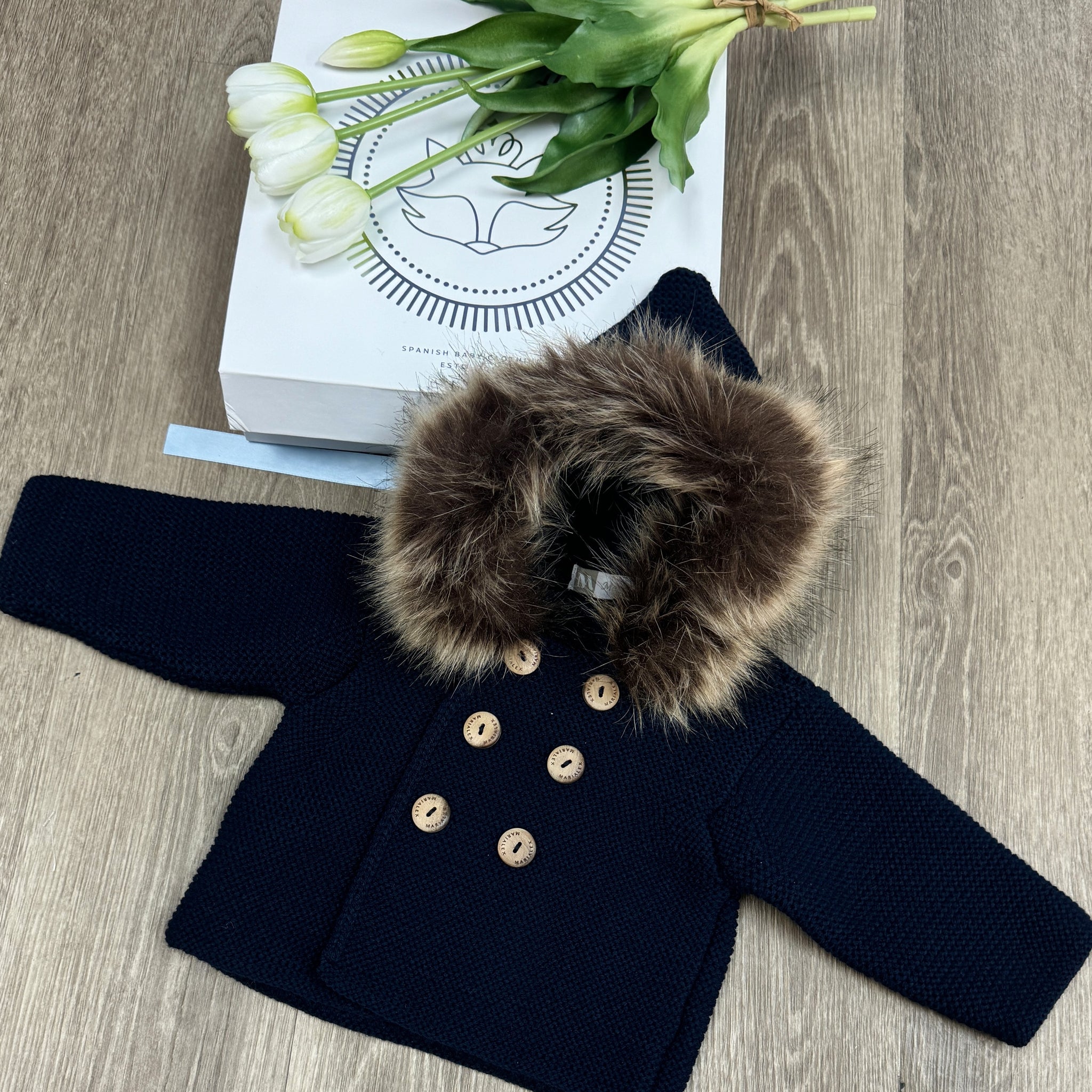 Navy Blue Baby Knit Coat with Faux Fur Hood