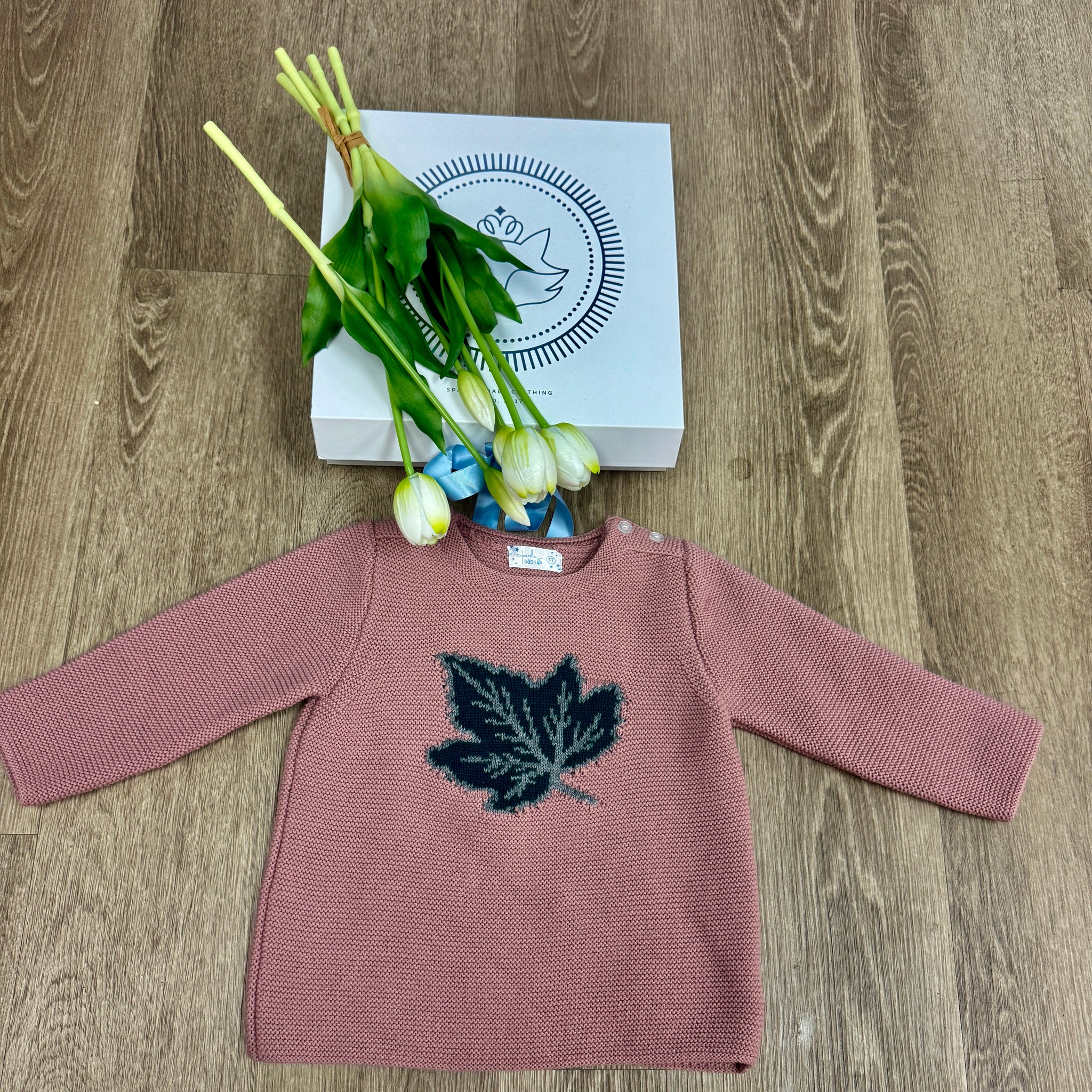 Knitted Baby Sweater – Autumn Maple Leaf Design in Dusty Rose
