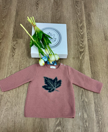 Knitted Baby Sweater – Autumn Maple Leaf Design in Dusty Rose