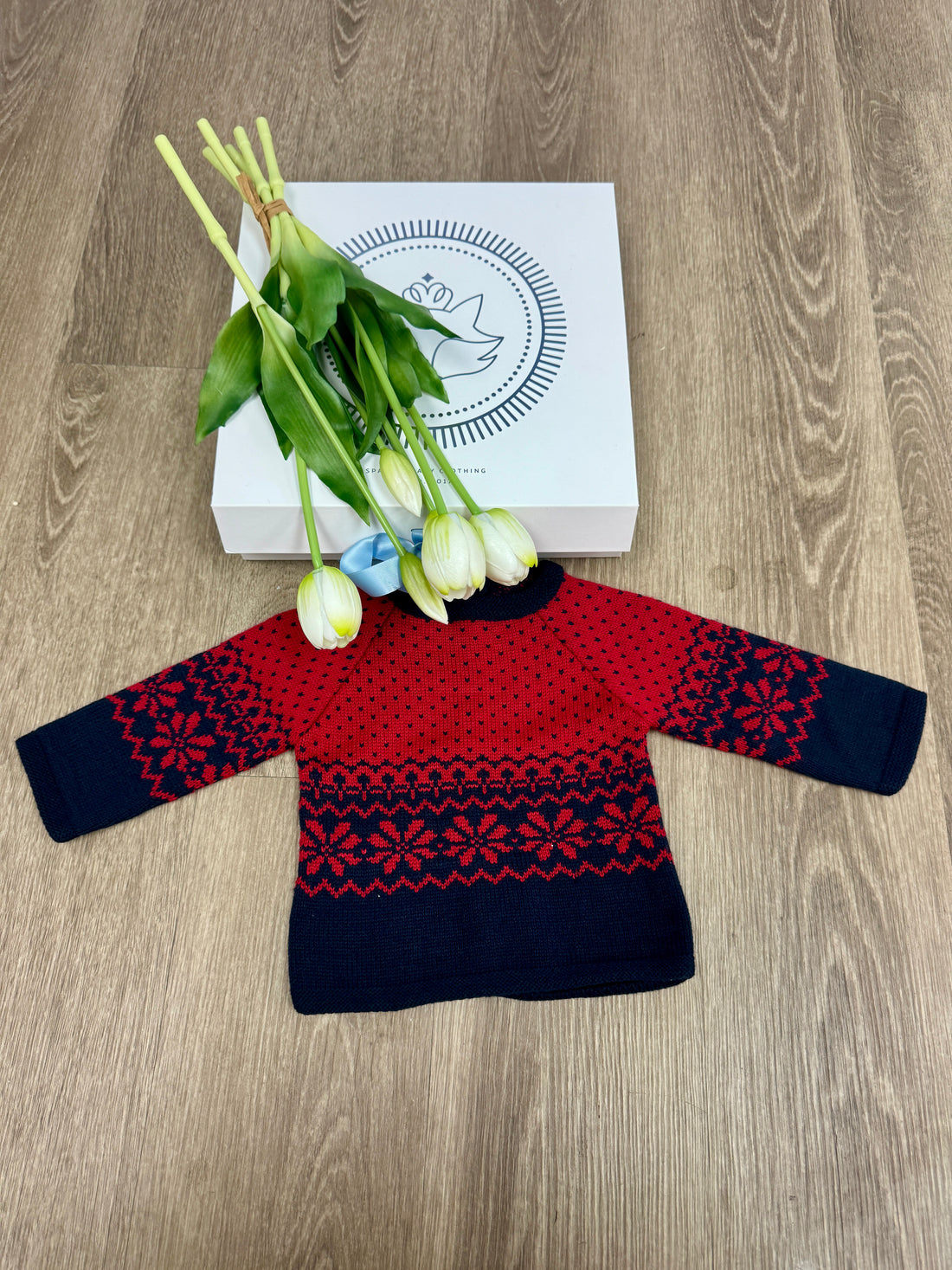 Hand-Knitted Nordic Baby Sweater – Red & Navy