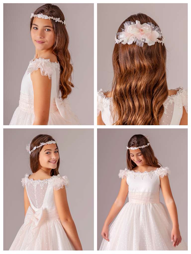 Romantic Bohemian Dress in White with Blush Tulle and Delicate Dots #3505