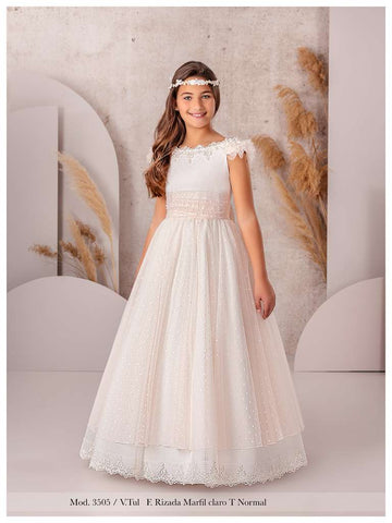 Romantic Bohemian Dress in White with Blush Tulle and Delicate Dots #3505