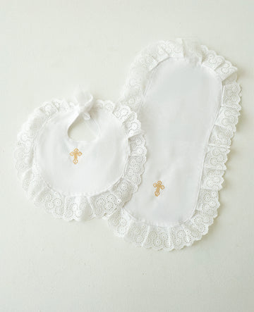 White Baptism Bib and Burp Cloth Set with Gold Cross Embroidery