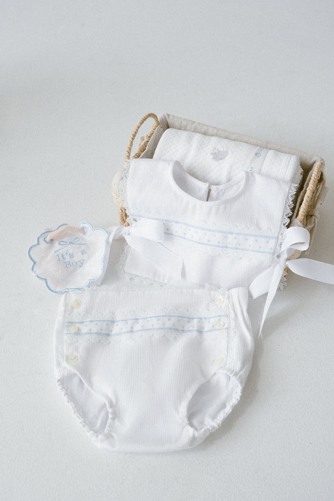 Baby Bib & Bloomer Set – Spanish Cotton with Lace Trim (Blue or Yellow)