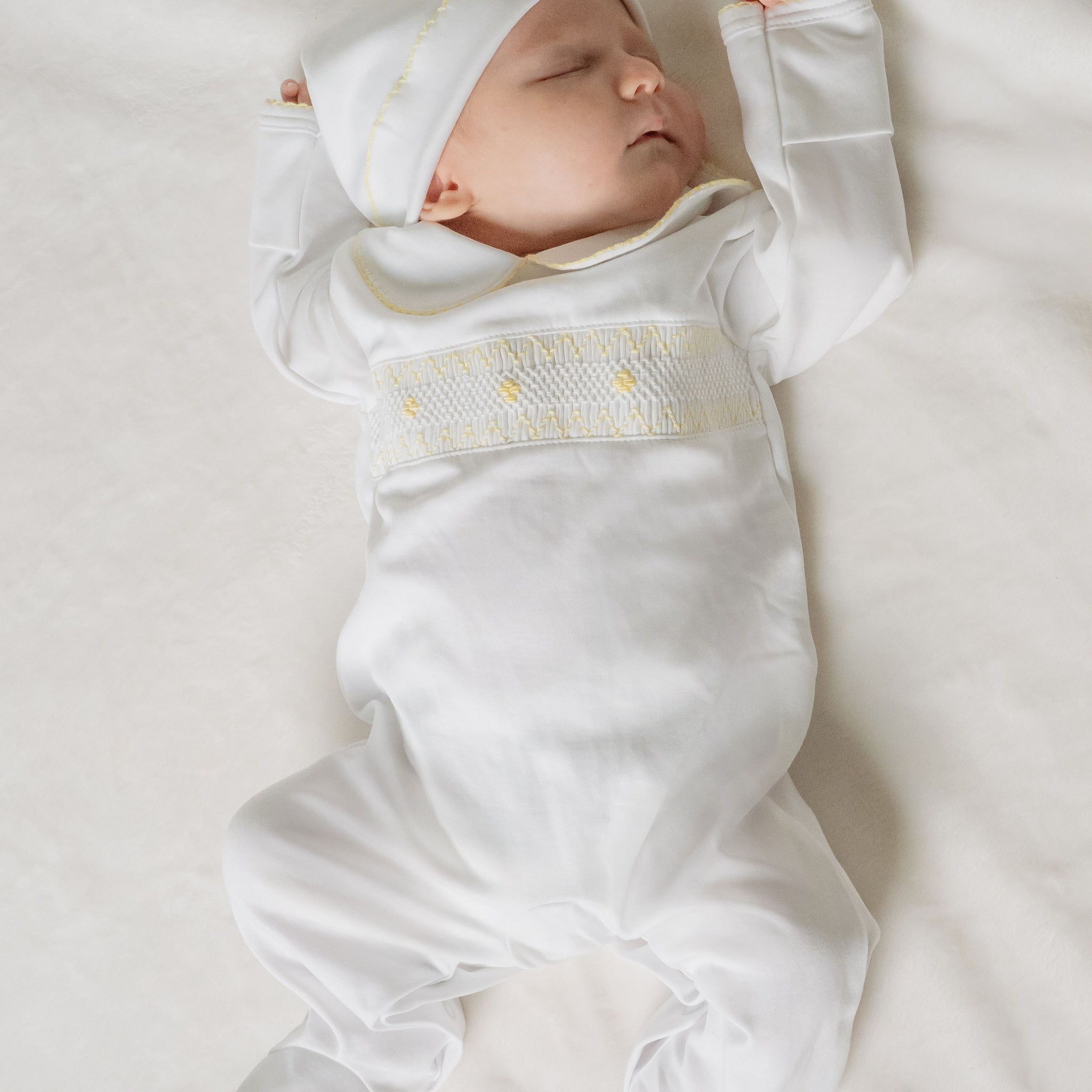 Yellow Pima Cotton Smocked Romper with Hat | Soft Baby Outfit for First Wear