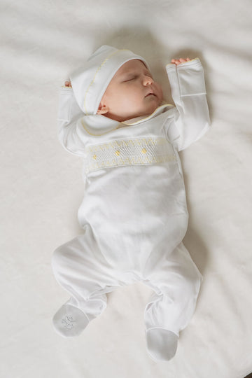 Yellow Pima Cotton Smocked Romper with Hat | Soft Baby Outfit for First Wear