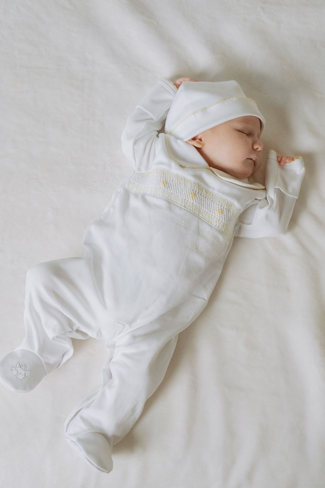 Yellow Pima Cotton Smocked Romper with Hat | Soft Baby Outfit for First Wear