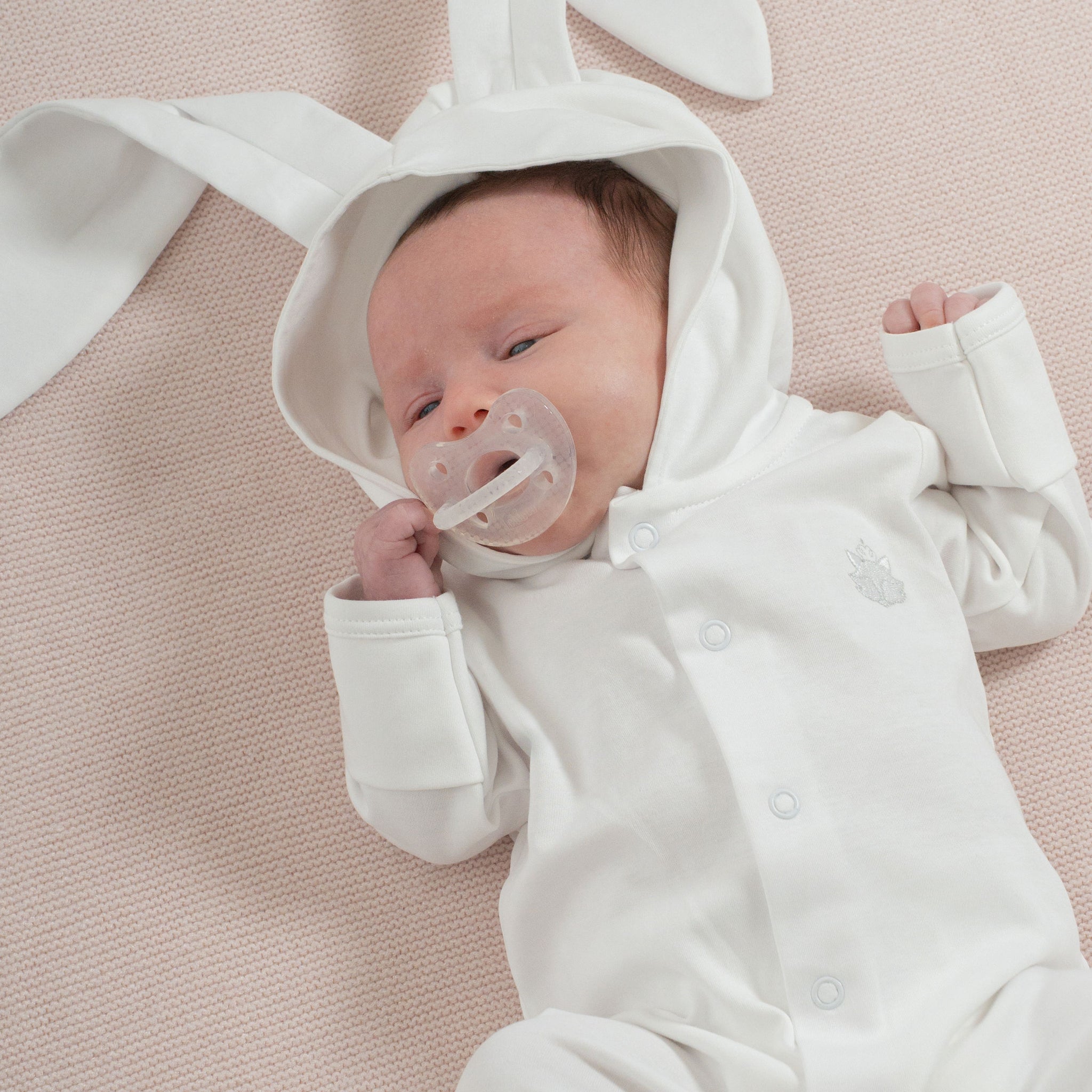 White Pima Cotton Baby Romper with Bunny Ears | Adorable Infant Outfit