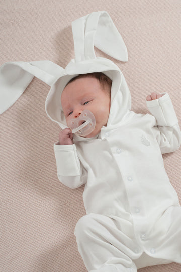 White Pima Cotton Baby Romper with Bunny Ears | Adorable Infant Outfit