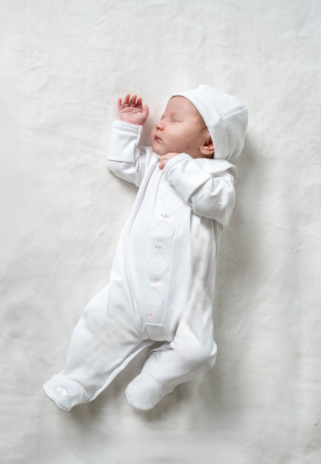 Pink Diamond Embroidered Baby Romper with Hat in Pima Cotton | Stylish Infant Outfit