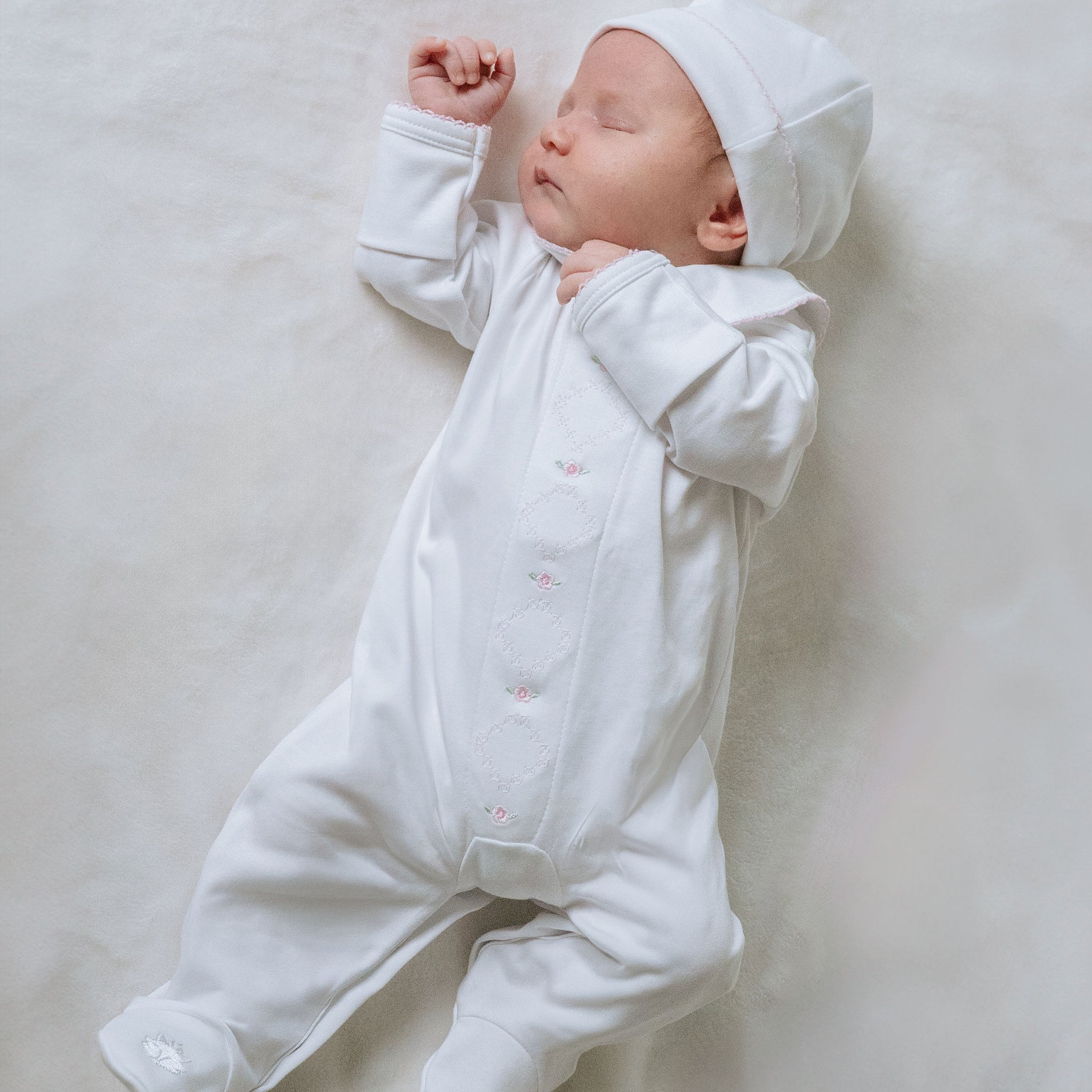 Pink Diamond Embroidered Baby Romper with Hat in Pima Cotton | Stylish Infant Outfit