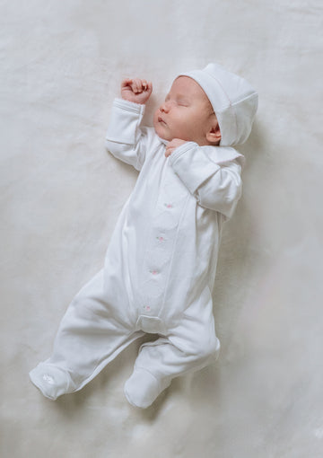 Pink Diamond Embroidered Baby Romper with Hat in Pima Cotton | Stylish Infant Outfit