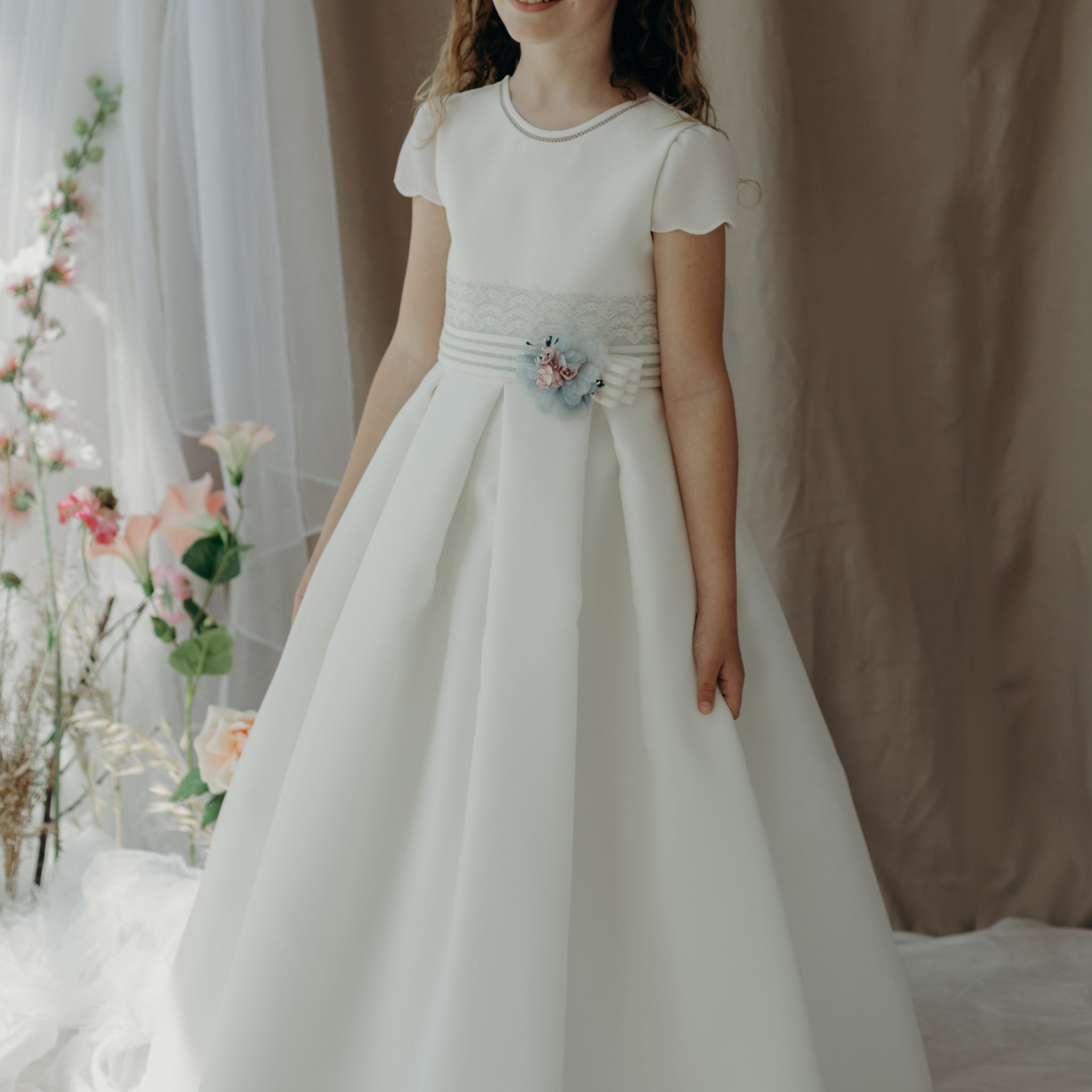 DRESS MODEL 5304: Classic First Communion Dress with Ocean Blue Accents