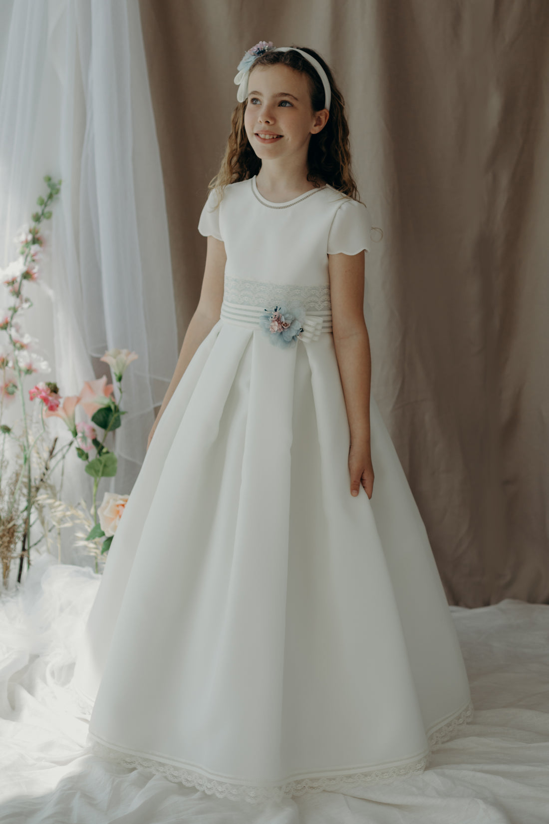 DRESS MODEL 5304: Classic First Communion Dress with Ocean Blue Accents