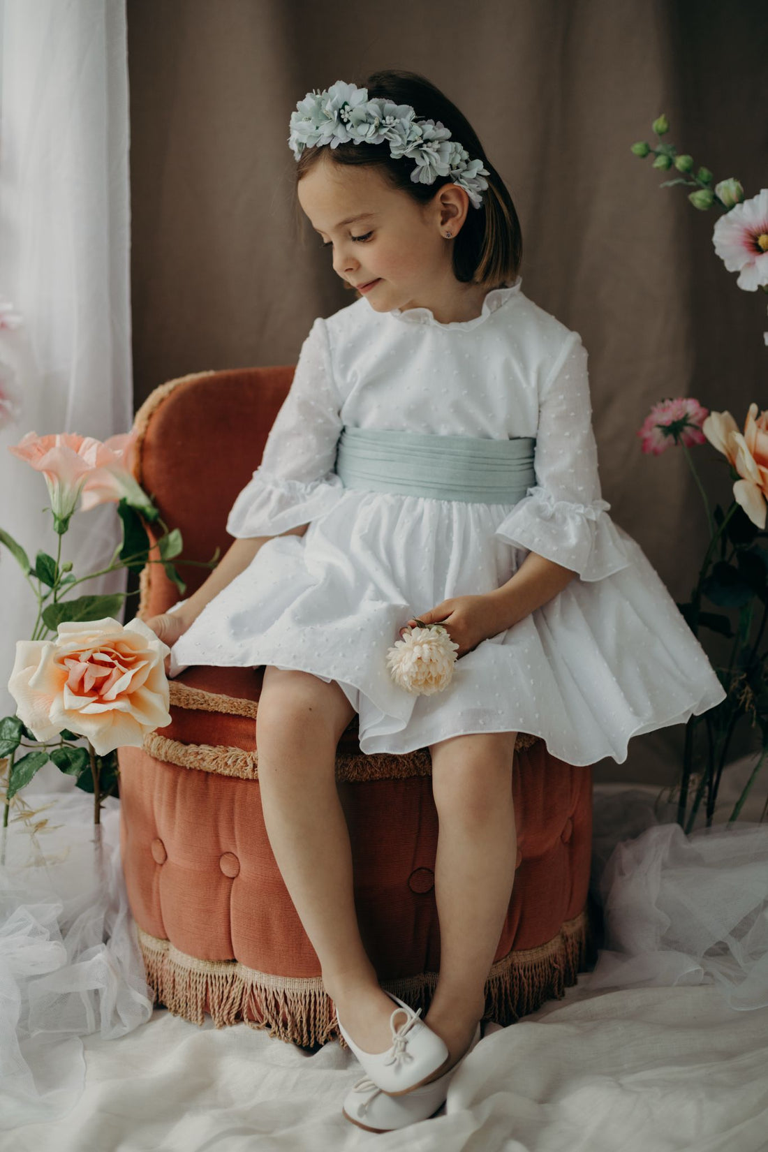 Elegant White Ceremony Dress with polka Dots and Green Sash –  5904