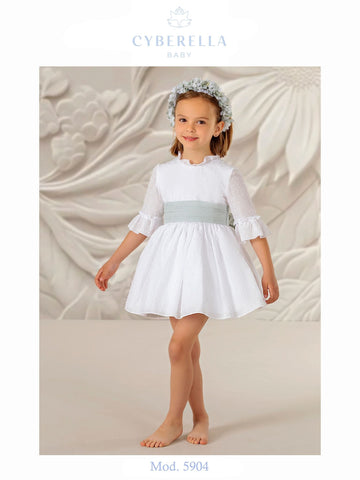 Elegant White Ceremony Dress with polka Dots and Green Sash –  5904