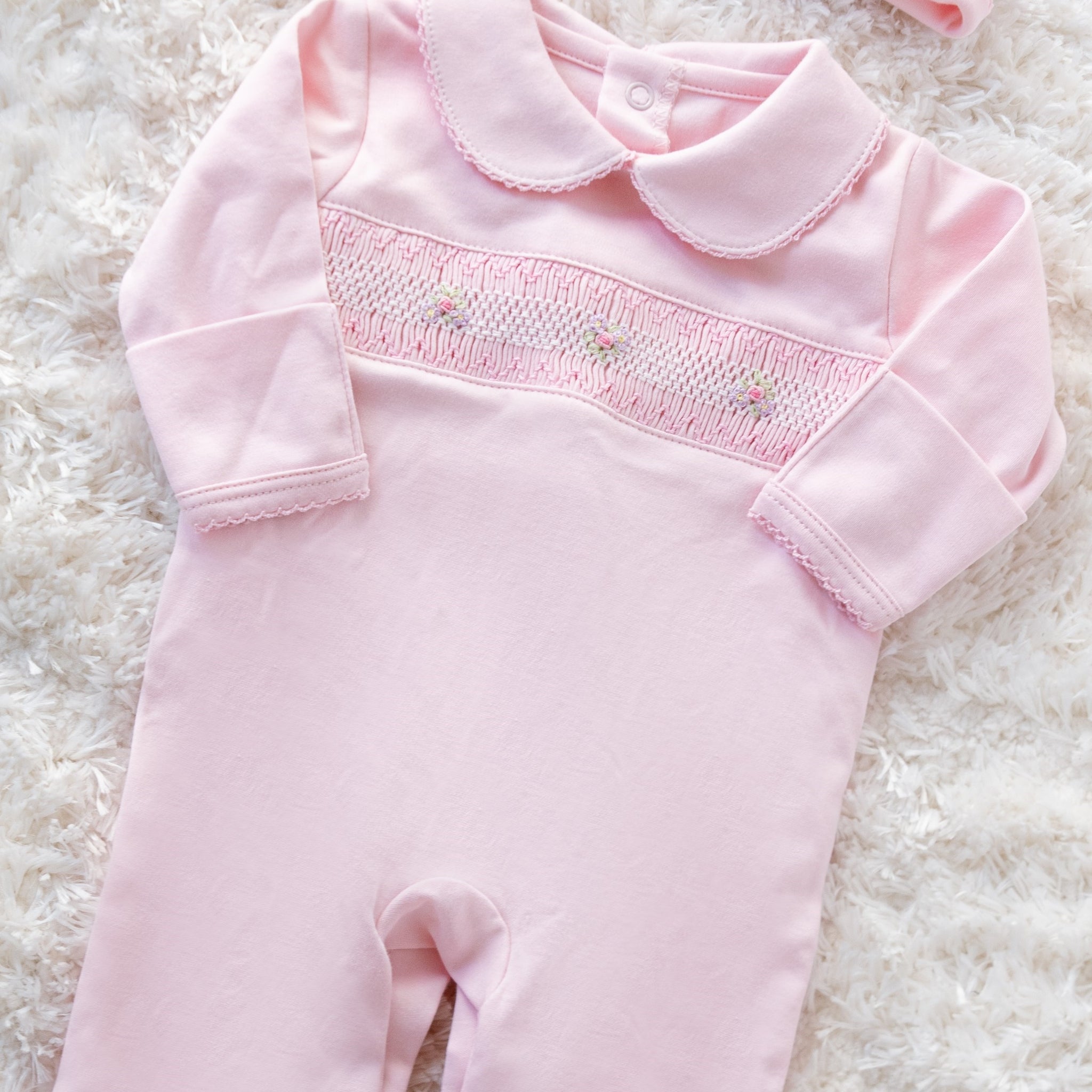 Pink Pima Cotton Smocked Romper with Hat | Soft Baby Outfit for First Wear