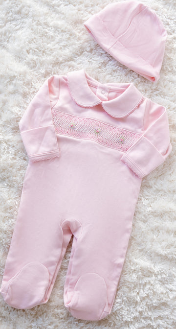 Pink Pima Cotton Smocked Romper with Hat | Soft Baby Outfit for First Wear