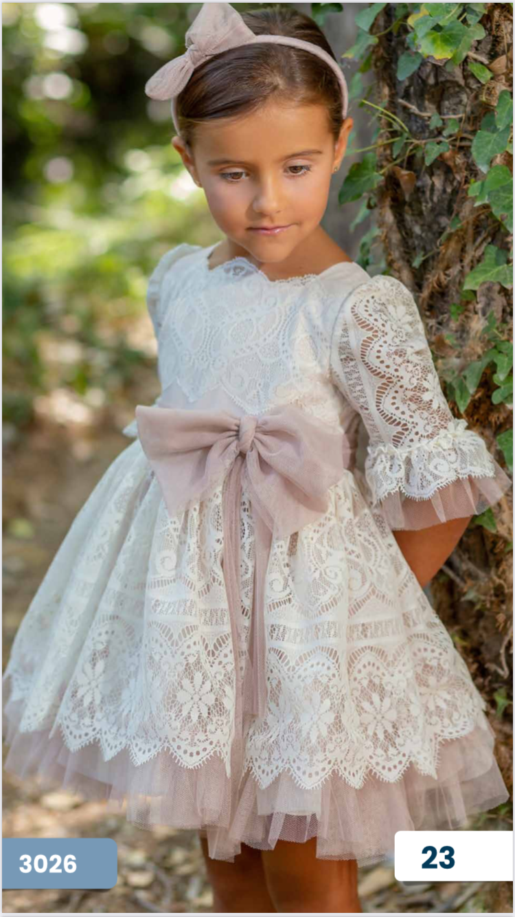 Girls’ Italian Lace Ceremony Dress with Pink Tulle Sash - Size 3T (Blush Tone) | Made in Spain Mod #3026